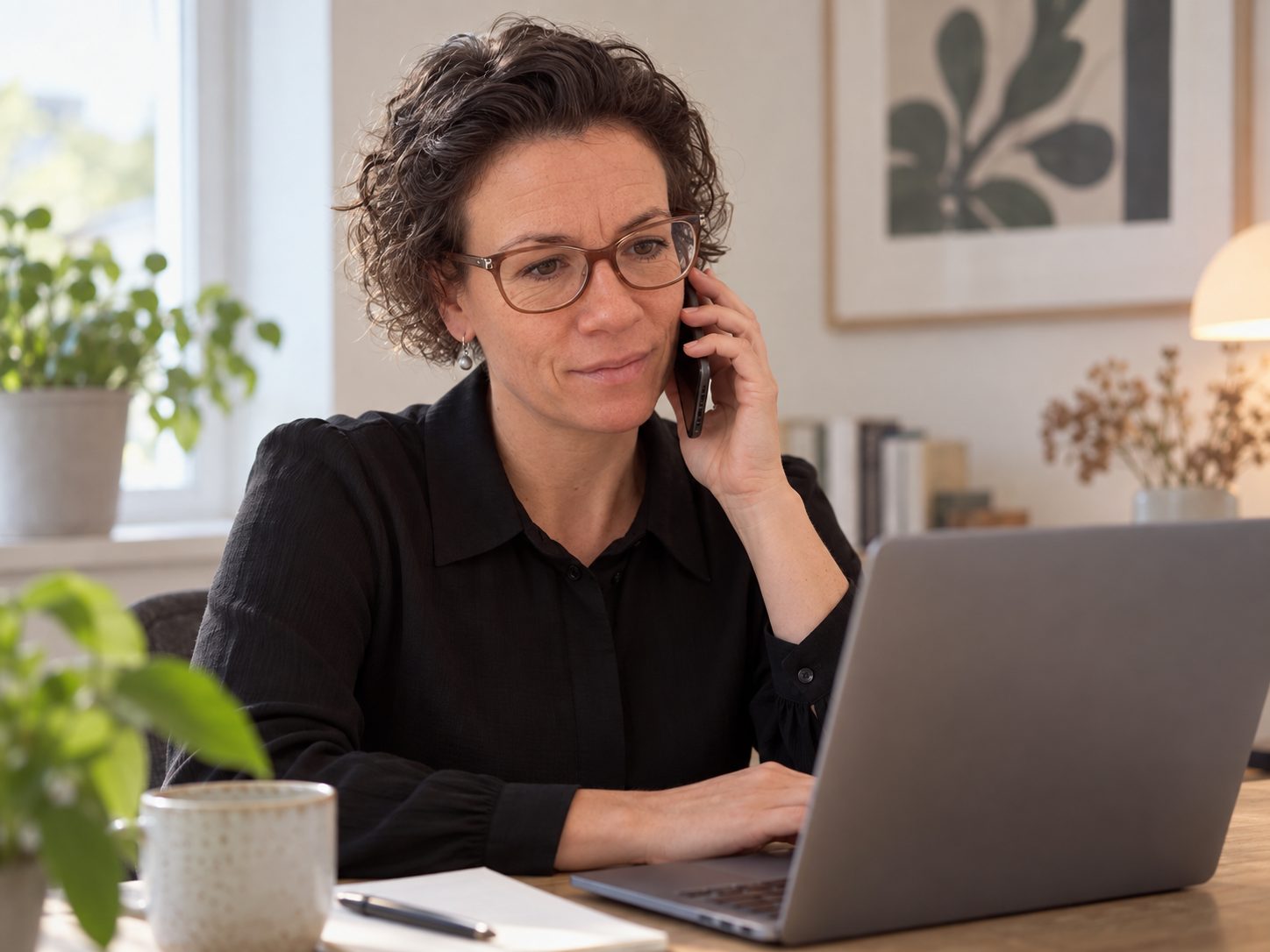 Ida Tetzlaff i telefonen ved skrivebordet
